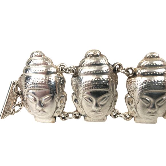 Buddha Head Wide Puff Link Sterling Silver 925 Vintage Repousse Bracelet 8" - Picture 4 of 10